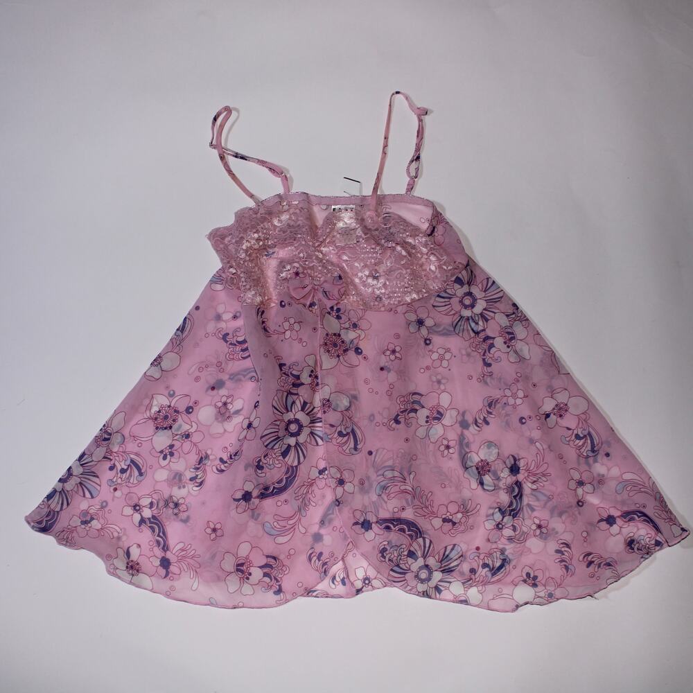 Easy Solution Pink Semi Sheer Purple Floral Babydoll With Lace Cups Size S